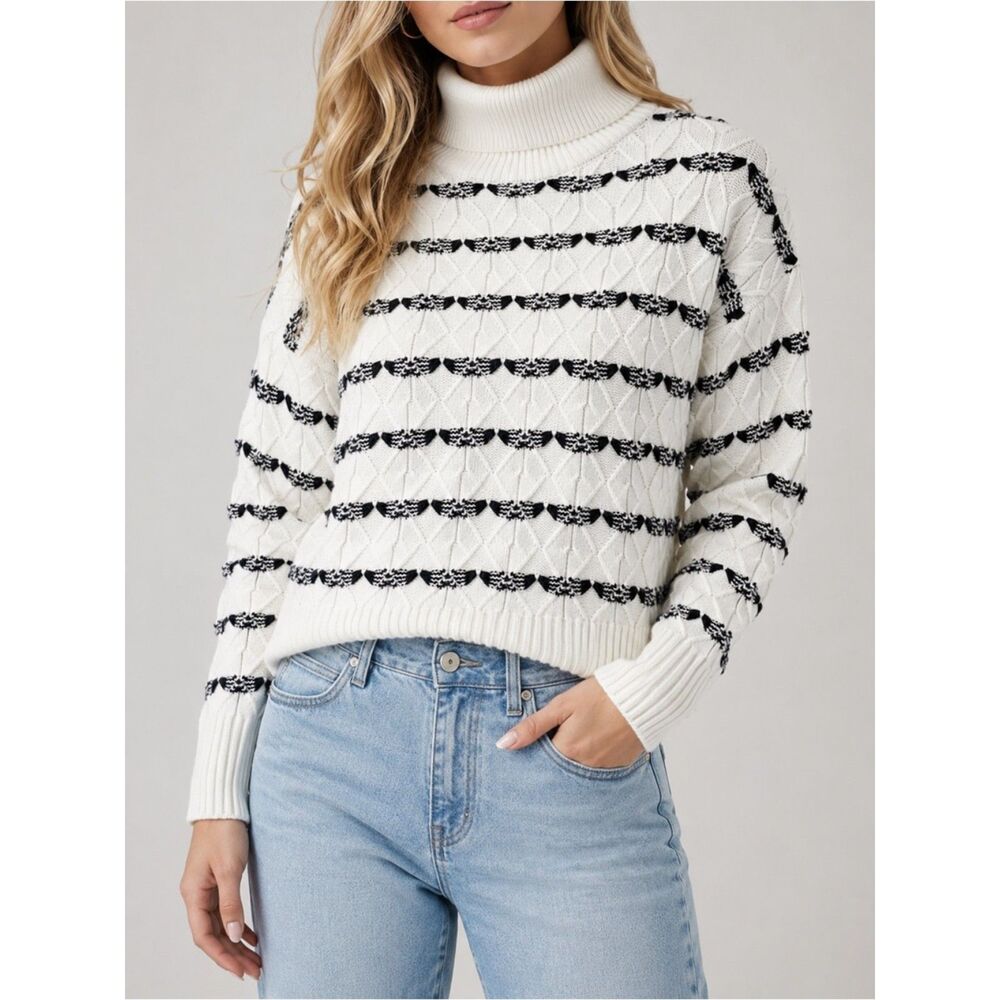 Joie Alpine Pattern Striped Cable Knit Pullover Sweater Cream Black Size Medium